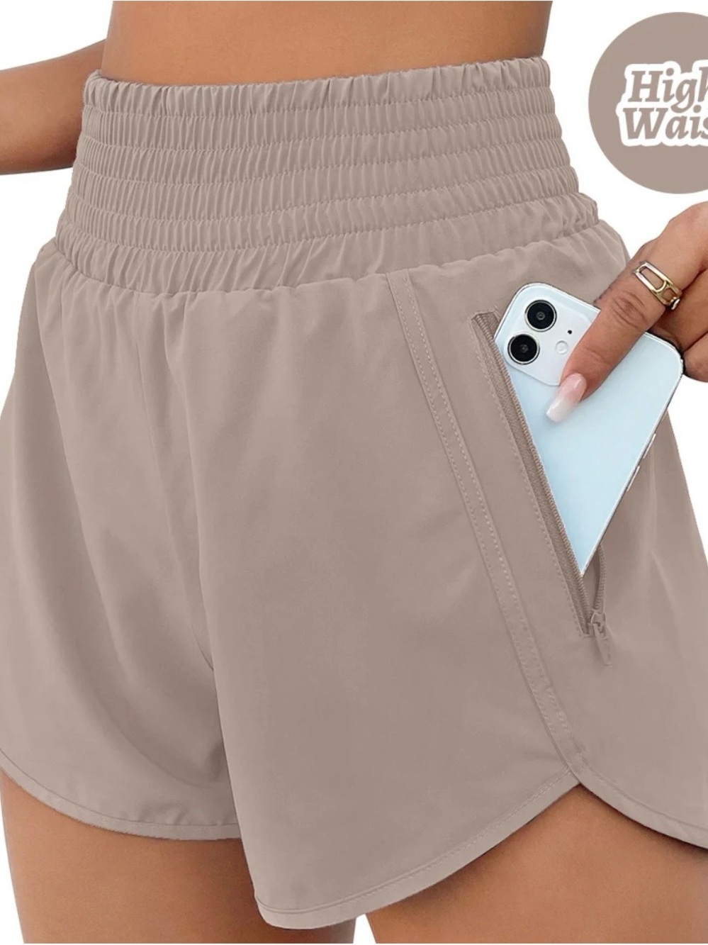 High-Waist Athletic Shorts with Zipper Pocket — Taupe